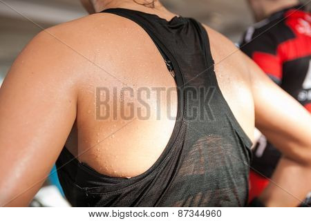 Detail Gym Shot - Sweat Skin Of A Woman's Back; Spinnig, Aerobic Class