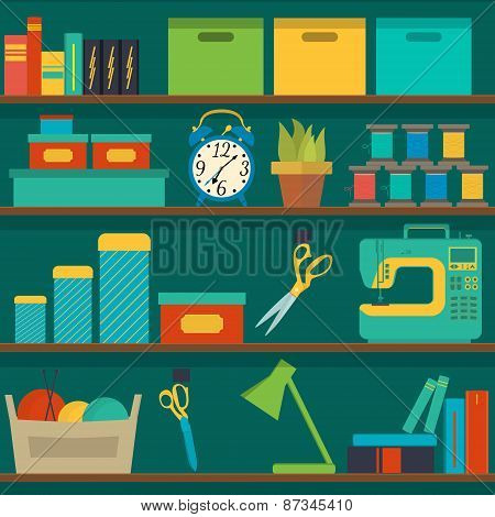 Seamless Pattern Shelf With Tools For Sewing And Knitting, Craft Tools