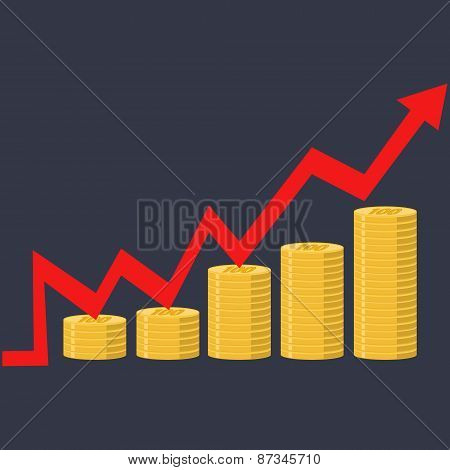 Illustration. Financial Curve Graph Stacks Of Gold Coins.