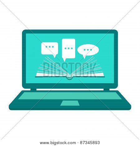 Reading E-books. Online Learning. Open Book Paper With Speech Clouds On The Laptop. Flat Design.