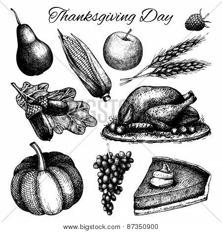 Vintage turkey day sketch set.