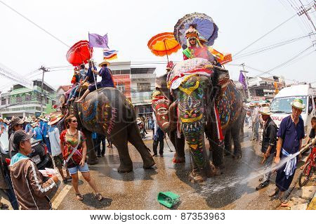 SUKHOTHAI - APRIL 7 : Sukhothai ordination parade on elephant back festival at Hadsiao Temple