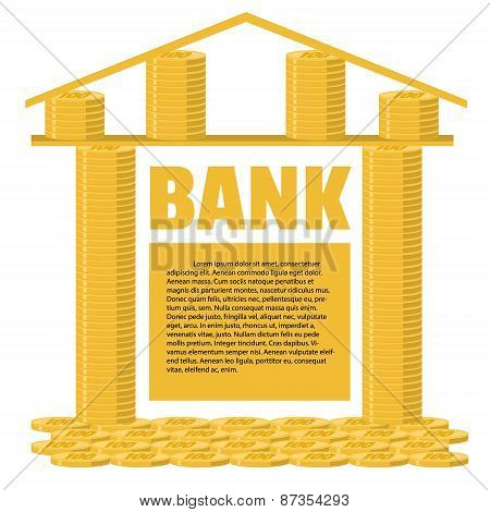 Bank Building Made Of Gold Coins. Business Concept. Place For Your Text.