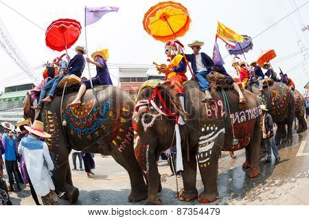SUKHOTHAI - APRIL 7 : Sukhothai ordination parade on elephant back festival at Hadsiao Temple