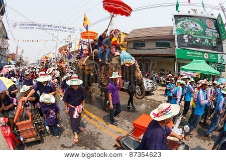 SUKHOTHAI - APRIL 7 : Sukhothai ordination parade on elephant back festival at Hadsiao Temple