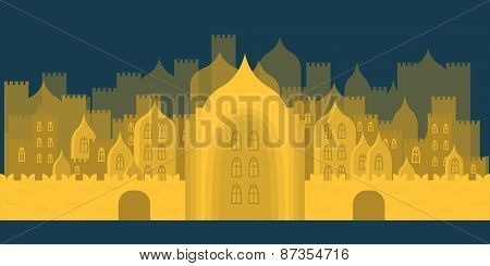 Golden Fabulous City. Buildings, Towers, Castles