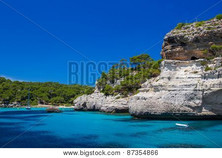 Cala Macarelleta beach cliffs at Menorca island, Spain.
