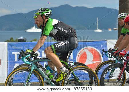 MARMARIS, TURKEY - APRIL 30, 2014: Robert Wagner from the team Belkin and other riders on the finish of 4th stage of 50th Presidential Cycling Tour of Turkey