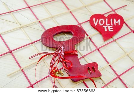 Red Wooden Vintage Key On Wooden Surface