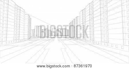 Wire-frame buildings and street. Vector