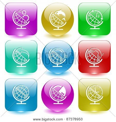 School globe set. Raster set glass buttons.