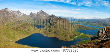 Scenic fjord on Lofoten islands with typical fishing hut