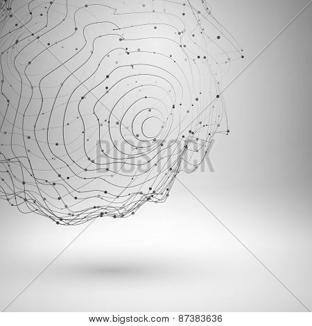 Wireframe mesh element. Abstract form connected lines and dots.