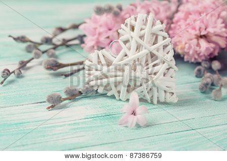 Postcard With Hyacynths, Willow Flowers And Heart