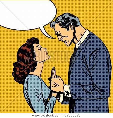 husband and wife lovers serious talk love conflict pop art comic