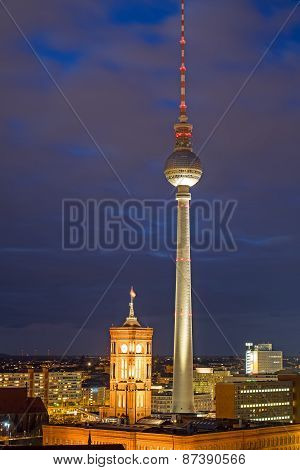 TV Tower and townhall at night