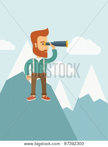 A Happy young hipster man with the beard holding telescope on the top of the blue mountain with snow trying to look for something on the sky. A contemporary style with pastel palette soft blue tinted