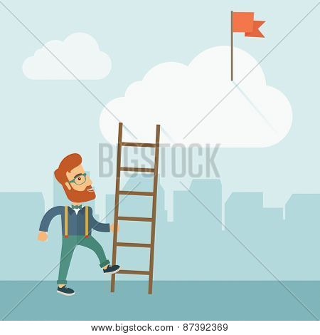 A hipster Caucasian man with beard standing while holding the career ladder to get the flag in the clouds. Career, success concept. A contemporary style with pastel palette soft blue tinted background