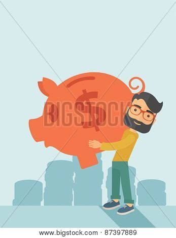 Businessman carries on his two arms his big piggy bank for economy purposes saving money is very important. A contemporary style with pastel palette soft blue tinted background. Vector flat design