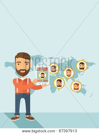 A hipster Caucasian man standing holding tablet with social media. A contemporary style with pastel palette soft blue tinted background. Vector flat design illustration. Horizontal layout with text