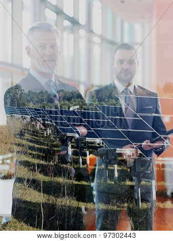 Double exposure design. Business partners, partnership concept with two businessman handshake