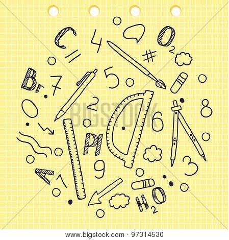 Hand drawing. Set of words and labels. Chemical elements. School appliances. Ruler. Compasses. Penci