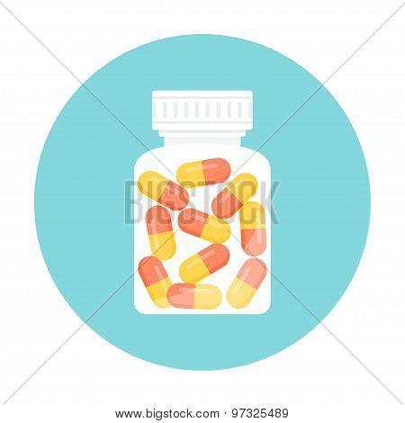 Medicine Capsule Pills in Bottle. Round Icon. Vector EPS 10