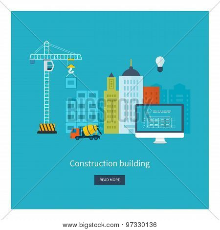 Flat design vector concept illustration with icons of building construction and urban landscape.