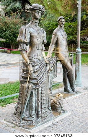 Lady with a dog. Monument to Anton Chekhov in Yalta.