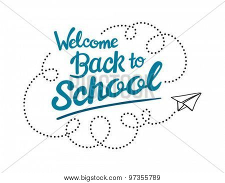 Welcome back to school message with paper plane icon vector against white background