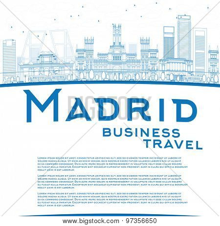 Outline Madrid Skyline with blue buildings and copy space. Business travel concept. Vector illustration