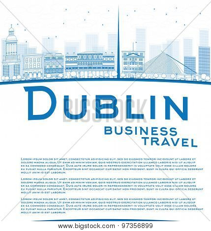 Outline Dublin Skyline with Blue Buildings and copy space. Ireland. Business travel concept. Vector Illustration