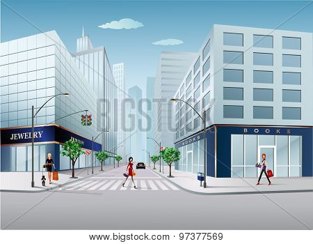 Big City Scene With People. Vector Illustration