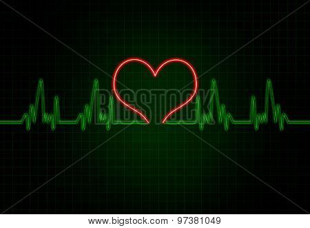 Cardiac Frequency In Green Colour With Heart Shape.