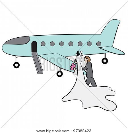 An image of a cartoon of a newly married couple heading to their honeymoon on a private jet.