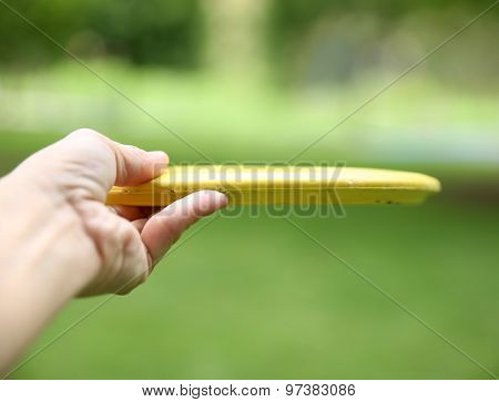  a hand throwing a disc in a park on a summer day 