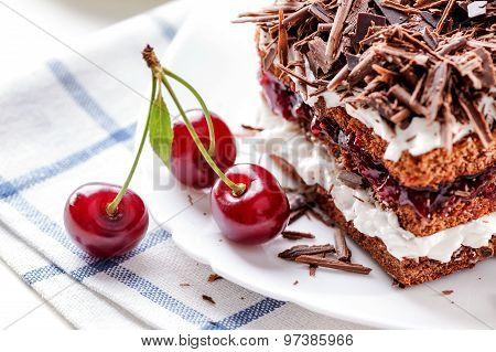 Black Forest cake piece with cherries berries