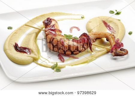 Fish Dish, Braised Octopus On Chickpea Cream With Caramelized Onions