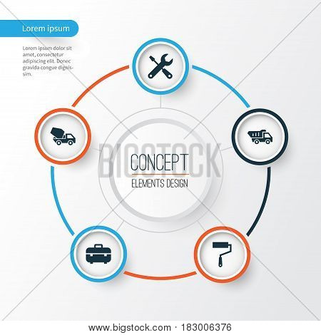 Construction Icons Set. Collection Of Service, Cement Vehicle, Paint Roller And Other Elements. Also Includes Symbols Such As Wall, Cement, Roller.