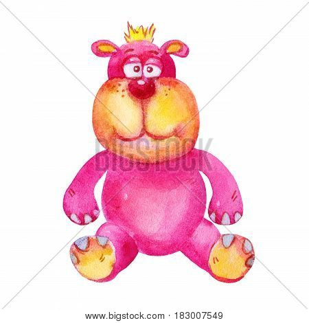 Cute Cartoon Watercolor Toy pink dog illustration. Comic character image. Hand drawn colorful dog image isolated on white background.