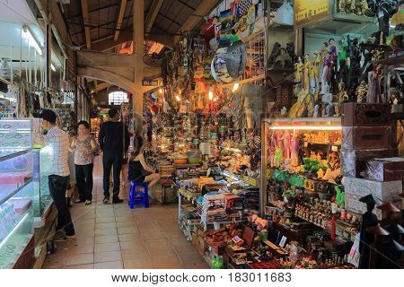 HO CHI MINH CITY VIETNAM - NOVEMBER 26, 2016: Unidentified people visit Ben Thanh market.