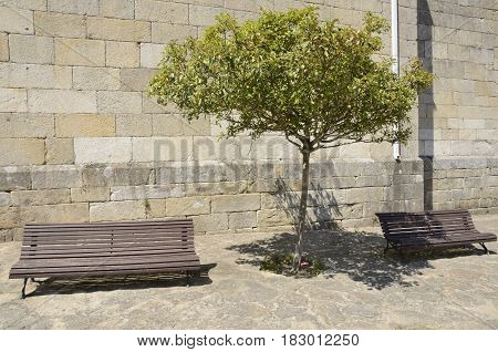 Wooden benches in front a stone wall in the village of Pobra in the province of Corunna Galicia Spain.