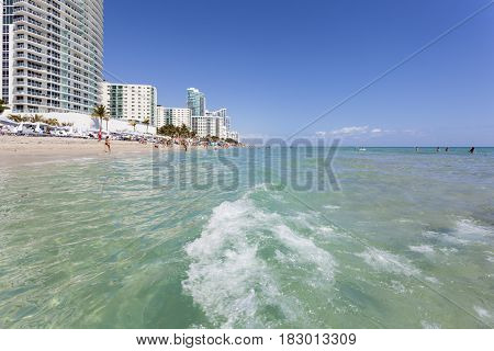 Hallandale Beach Fl USA - March 11 2017: Beautiful sand beach in Hallandale Beach. Florida United States