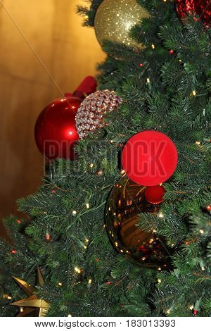 Christmas tree balls decorate the tree iside