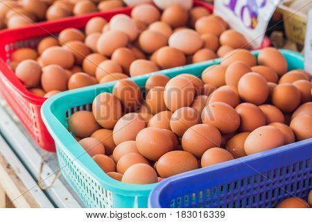 The Eggs - Chicken And Quail In The Wicker Basket On The Vietnamese Market. Asian Food Concept