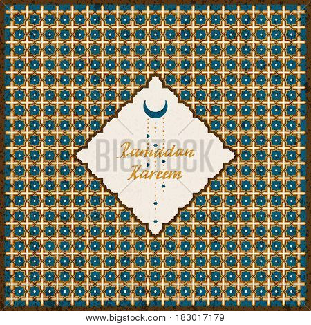 vector holiday postcard with golden arabic traditional pattern and a rombic frame with hand drawn words Ramadan Kareem and a moon