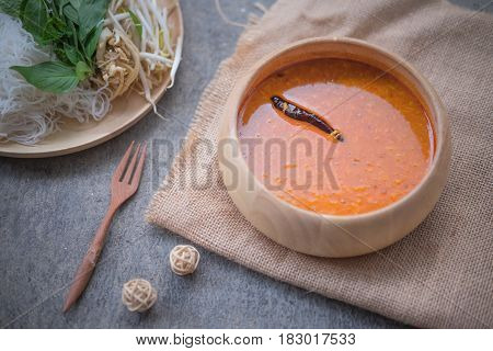 Kanom Jeen Nam Ya Rice noodles with fish curry sauce eating with rice vermicell