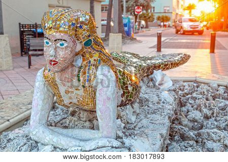 Hollywood Beach Fl USA - March 23 2017: Beautiful mermaid statue at the Hollywood Beach broadwalk in Florida United States