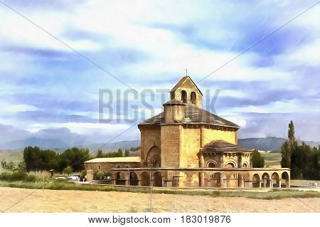 Colorful painting of Church of Saint Mary, Eunate, Navarra, Spain