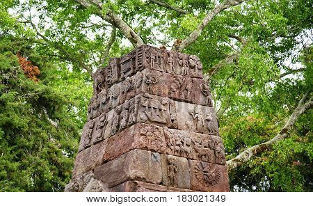 Stone sculpture and relief in Sukuh Temple, Central Java, Indonesia